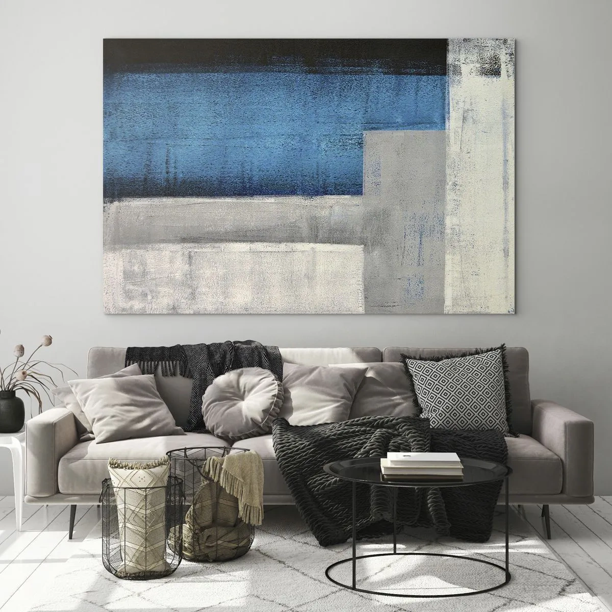 Üveg kép - Geometrikus absztrakció kékben, szürkeben és fehérben - 70x50cm - Szürke és kék költői kompozíció - Modern fali dekoráció nappalihoz és hálószobához ARTTOR