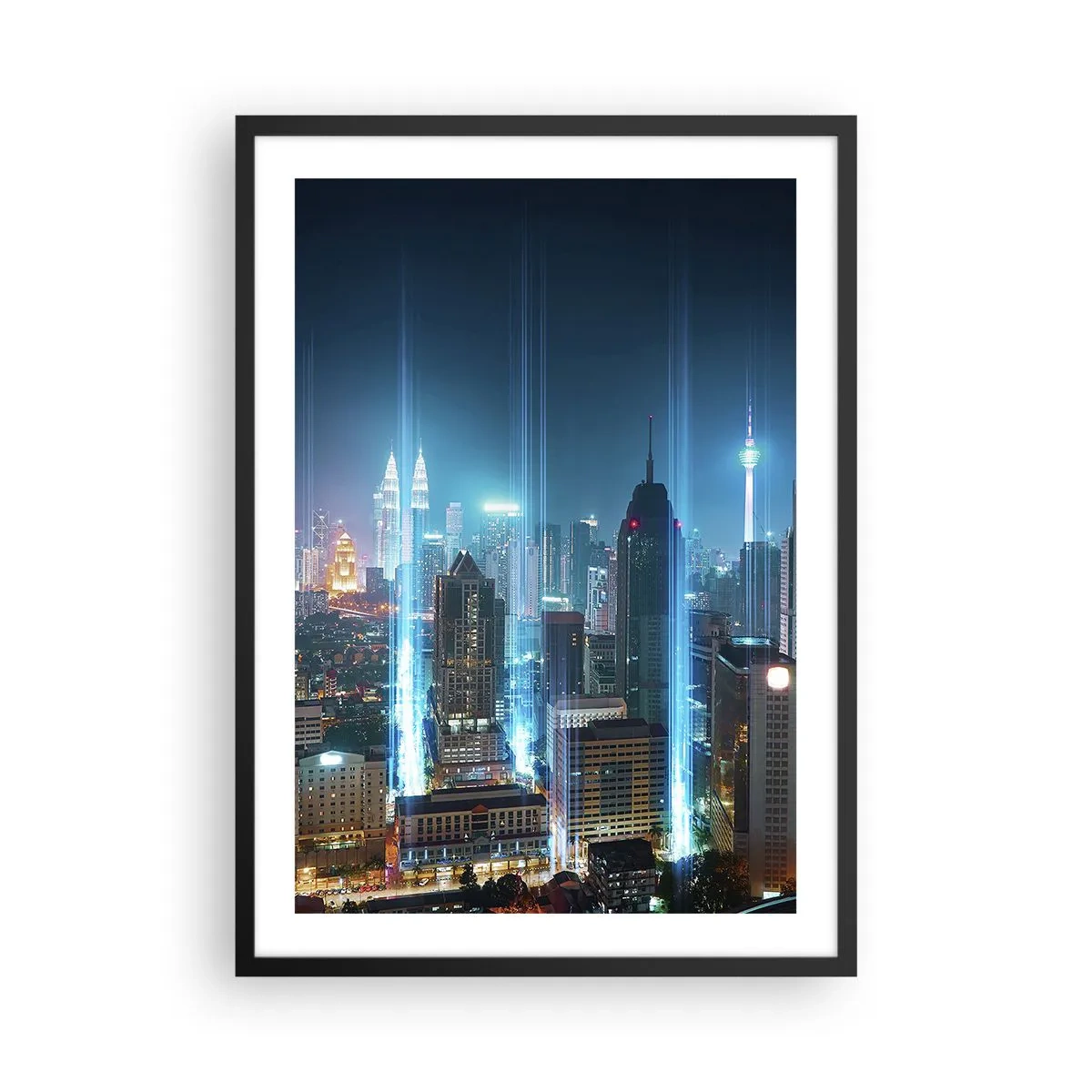 Poszter fehér keretben - A városközpont éjszakai tájképe felhőkarcolókkal - 50x70cm - Mennyországba Berlini módszerrel - Modern fali dekoráció nappalihoz és hálószobához ARTTOR