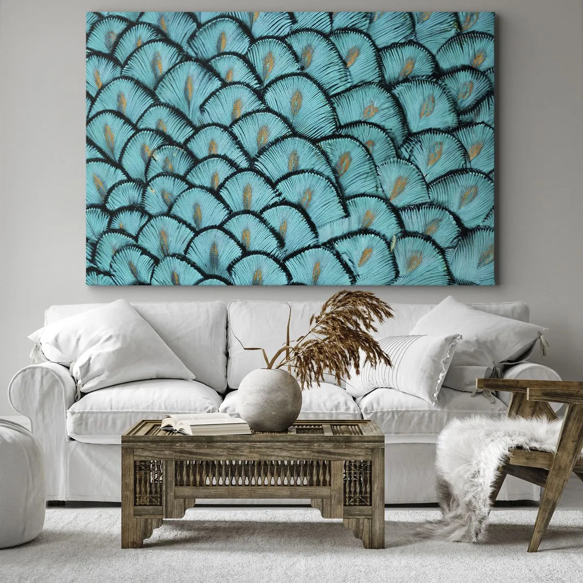 Vászonkép - Türkiz pikkelyekre emlékeztető minta arany díszítéssel - 70x50cm - A tollak nagy gálája - Modern fali dekoráció nappalihoz és hálószobához ARTTOR