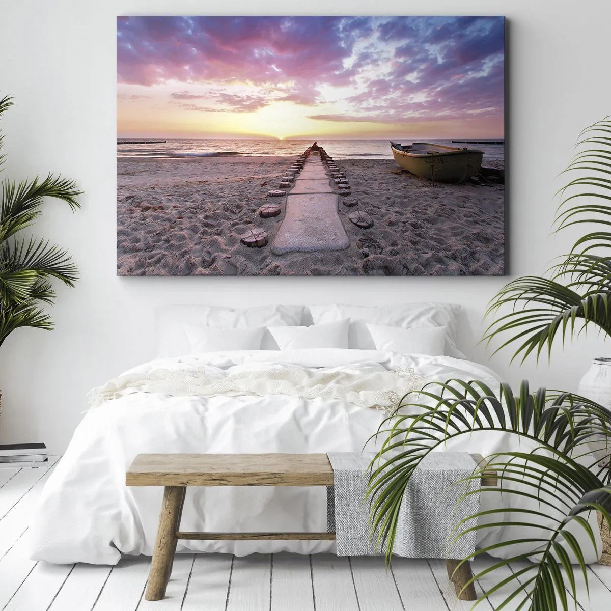 Vászonkép - Napfelkelte strand hajóval és mólóval - 70x50cm - Egy pillanatnyi mély élmény - Modern fali dekoráció nappalihoz és hálószobához ARTTOR