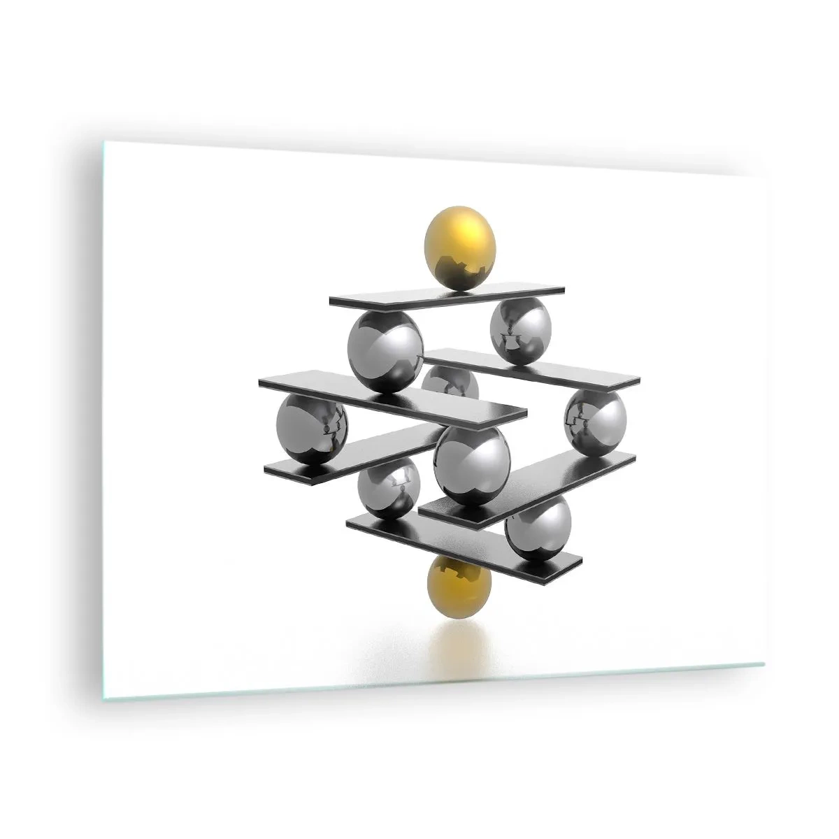 Üveg kép - Geometrikus kompozíció golyókkal és platformokkal fehér alapon - 70x50cm - Arany-ezüst egyensúly - Modern fali dekoráció nappalihoz és hálószobához ARTTOR