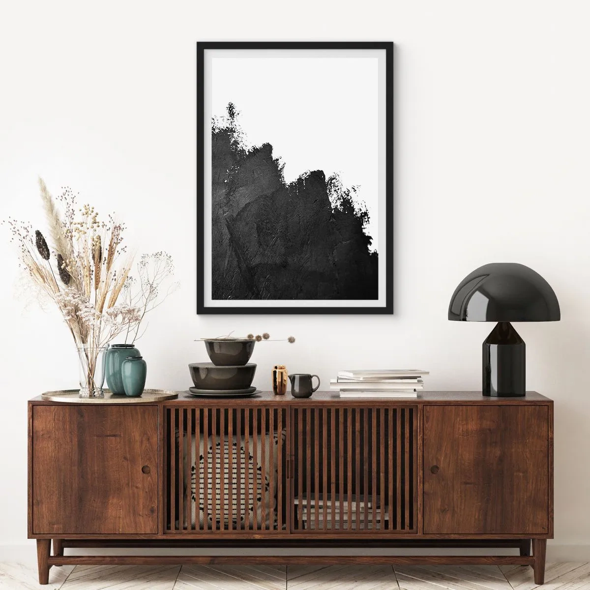 Poszter fehér keretben - Minimalista absztrakció fekete akcentussal fehér alapon - 50x70cm - Elemek: föld - Modern fali dekoráció nappalihoz és hálószobához ARTTOR