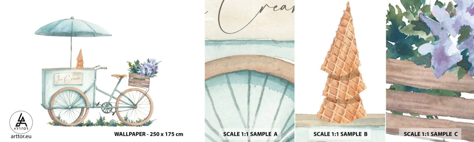 Fotótapéta Minta Öntapadós Deluxe Sticker - A nyár édes emléke - Pasztell, Jégkrém, Kerékpár - 100x30 cm