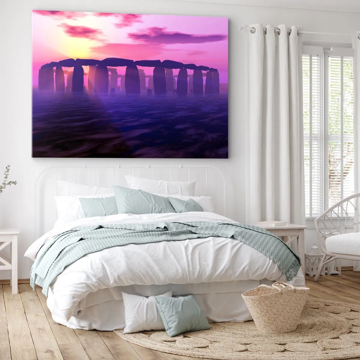 Vászonkép - Kőkör naplementekor, lila égbolttal - 70x50cm - Hajnali rejtély a ködben - Modern fali dekoráció nappalihoz és hálószobához ARTTOR