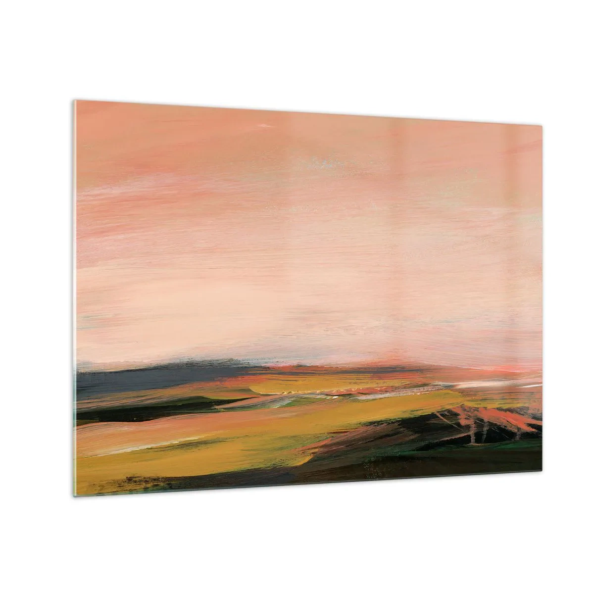 Üveg kép - Egy absztrakt tájkép rózsaszín és törtzöld árnyalataiban. - 70x50cm - Rózsaszínben - Modern fali dekoráció nappalihoz és hálószobához ARTTOR