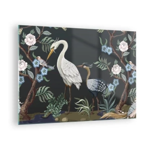 Üveg kép - Színes madarak virágzó ágak között sötét háttér előtt - 70x50cm - Madar parádé - Modern fali dekoráció nappalihoz és hálószobához ARTTOR