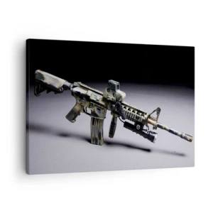Vászonkép - Modern fegyver álcázó színben, sötét háttér előtt - 70x50cm - Mindig veszélyes - Modern fali dekoráció nappalihoz és hálószobához ARTTOR
