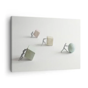 Vászonkép - Miniatűr figurák tolják az alakzatokat világos háttér előtt - 70x50cm - Maga az élet - Modern fali dekoráció nappalihoz és hálószobához ARTTOR
