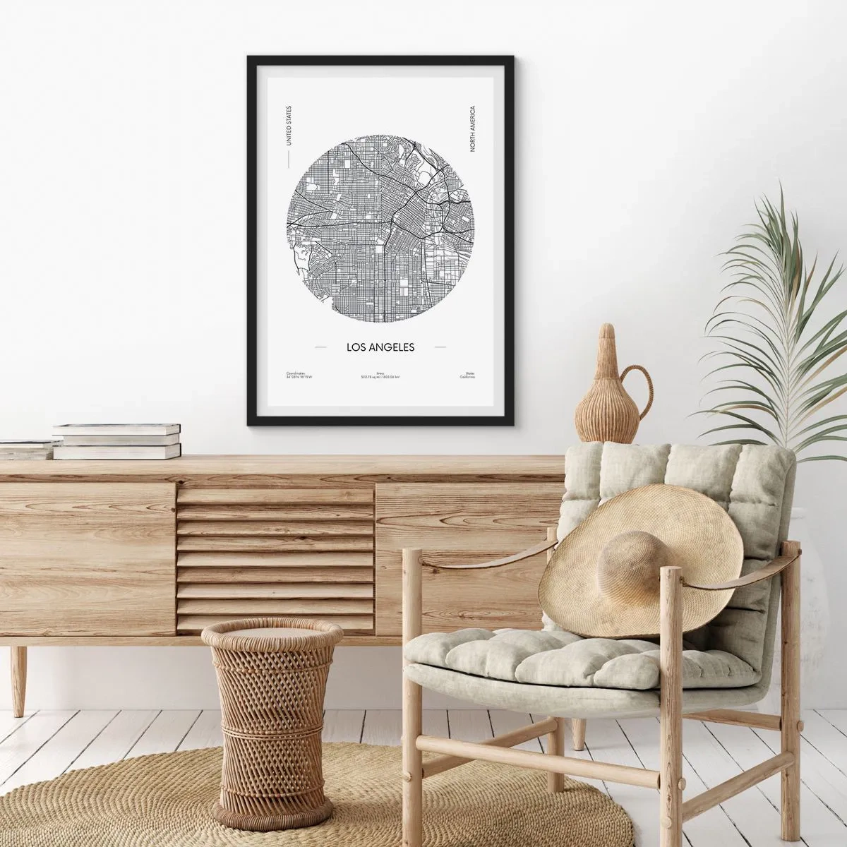 Poszter fehér keretben - Los Angeles minimalista térképe fekete-fehérben. - 50x70cm - Los Angeles anatómiája - Modern fali dekoráció nappalihoz és hálószobához ARTTOR