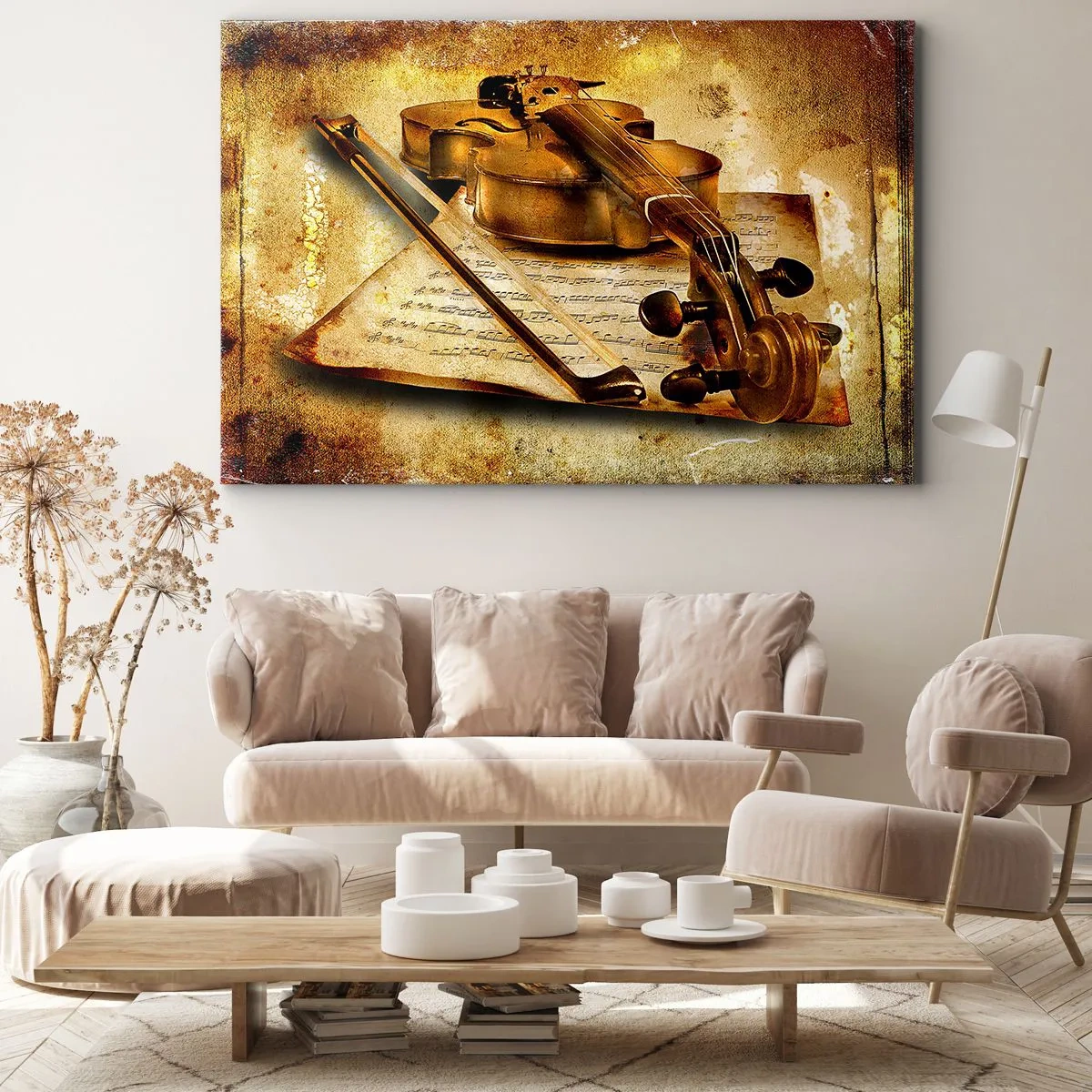 Vászonkép - Hegedű kottákkal meleg tónusú vintage háttér előtt - 70x50cm - Azonnal szükség van egy virtuózra - Modern fali dekoráció nappalihoz és hálószobához ARTTOR