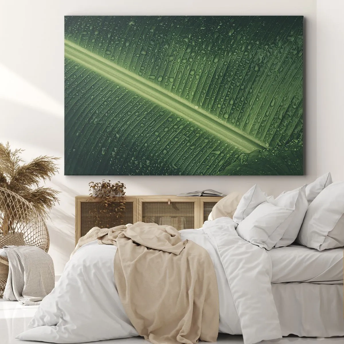 Vászonkép - Egy zöld levél, amelynek felszínén vízcseppek vannak - 70x50cm - A növényzet szerkezete - Modern fali dekoráció nappalihoz és hálószobához ARTTOR