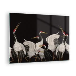 Üveg kép - Fehér daruk vörös fejjel fekete alapon - 70x50cm - Madádolgok - Modern fali dekoráció nappalihoz és hálószobához ARTTOR