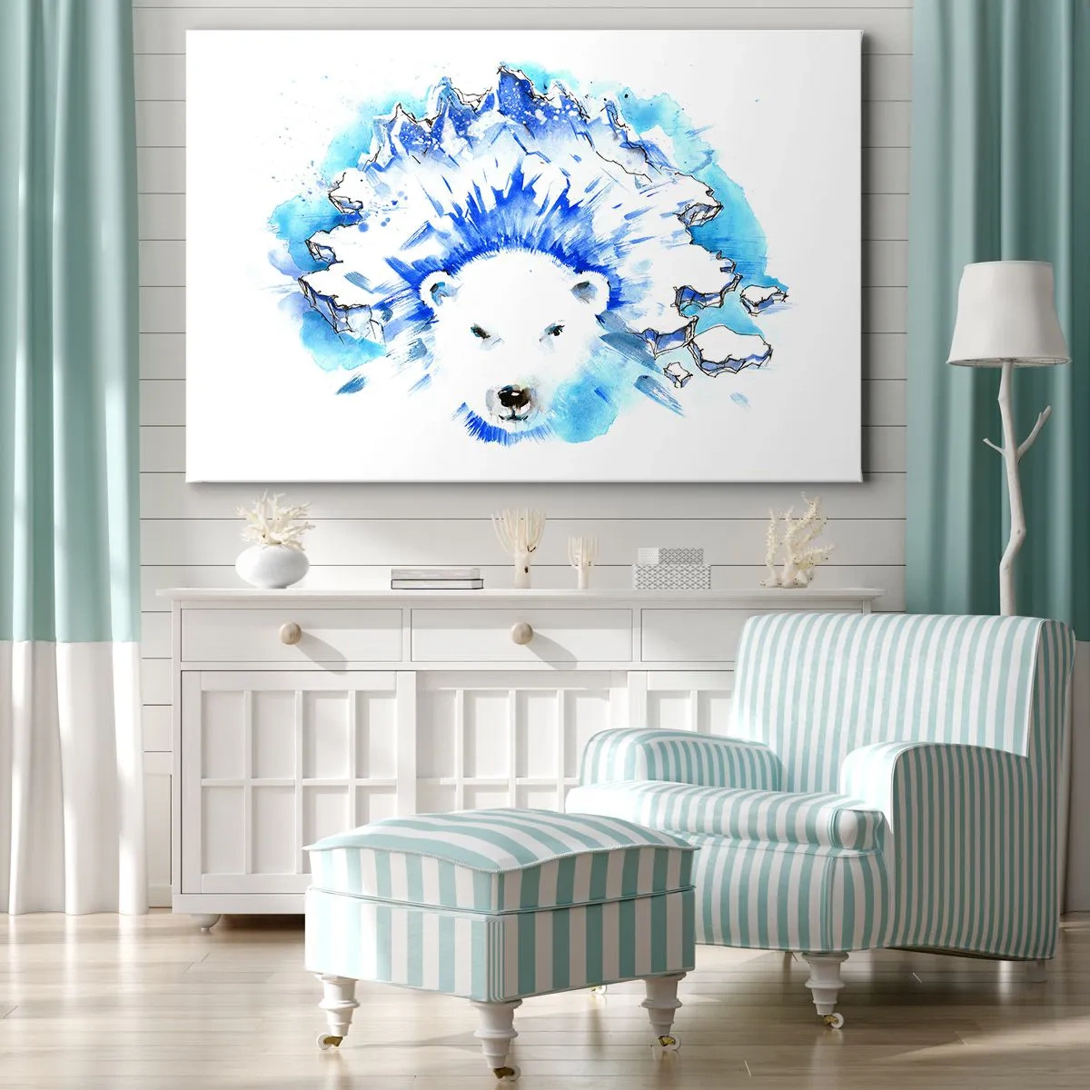 Vászonkép - Jegesmedve művészi akvarellfestménye jeges motívummal - 70x50cm - Az Északi-sark királya jégkoronában - Modern fali dekoráció nappalihoz és hálószobához ARTTOR