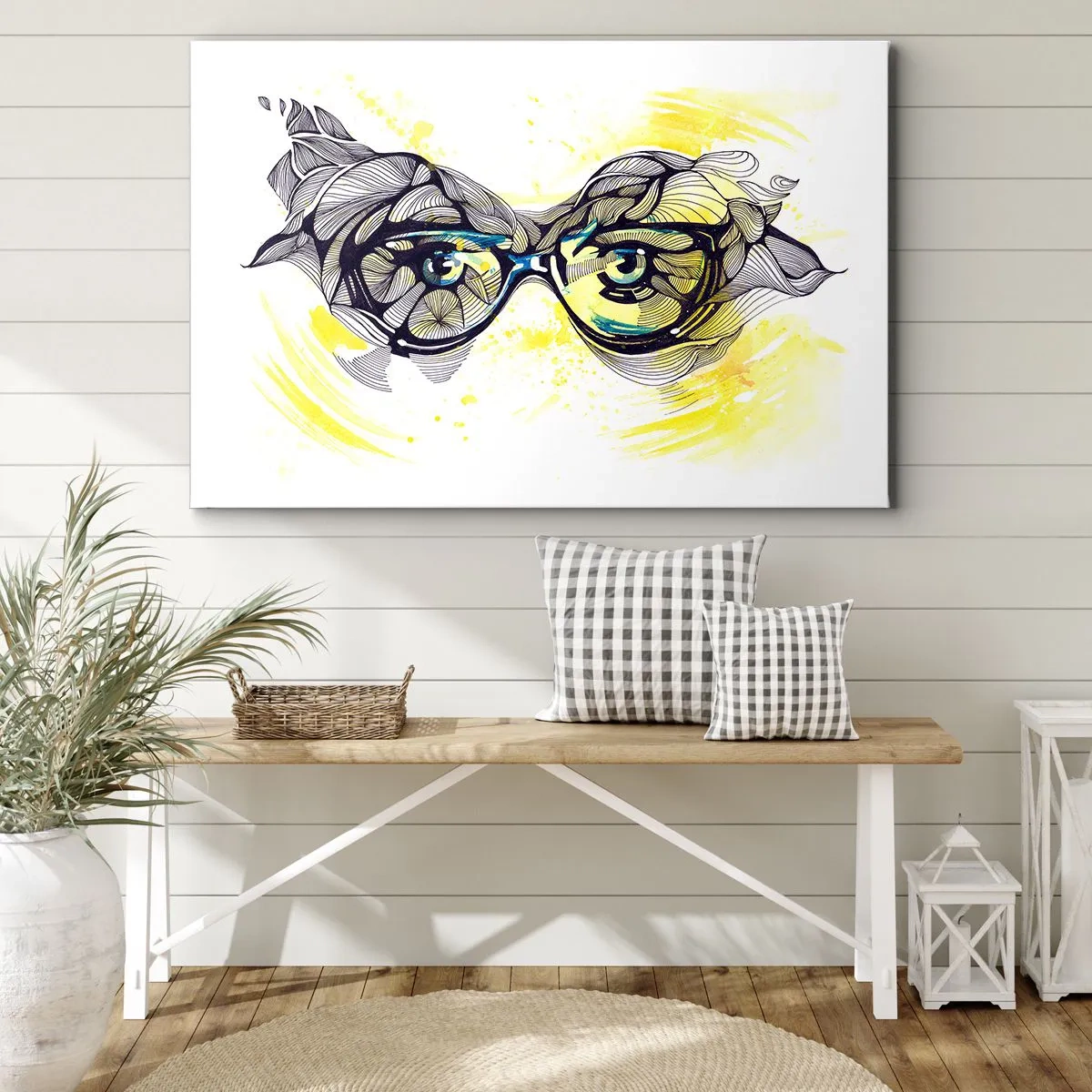 Vászonkép - Kifejező szemű szemüveg művészi grafikája - 70x50cm - Kék szemüvegen keresztül - Modern fali dekoráció nappalihoz és hálószobához ARTTOR