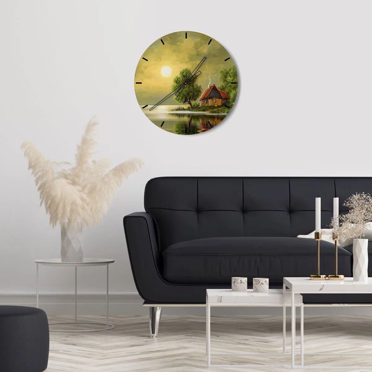 Falióra, Óra - Egy bájos tóparti házikó, zöldövezetben naplementekor - 30x30cm - Gyönyörű, mint egy képen - Modern fali dekoráció nappalihoz, konyhához és hálószobához ARTTOR