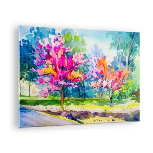Üveg kép - Színes fák a parkban, akvarell technikával festve - 70x50cm - Szivárvány kert a tavaszi fényben - Modern fali dekoráció nappalihoz és hálószobához ARTTOR
