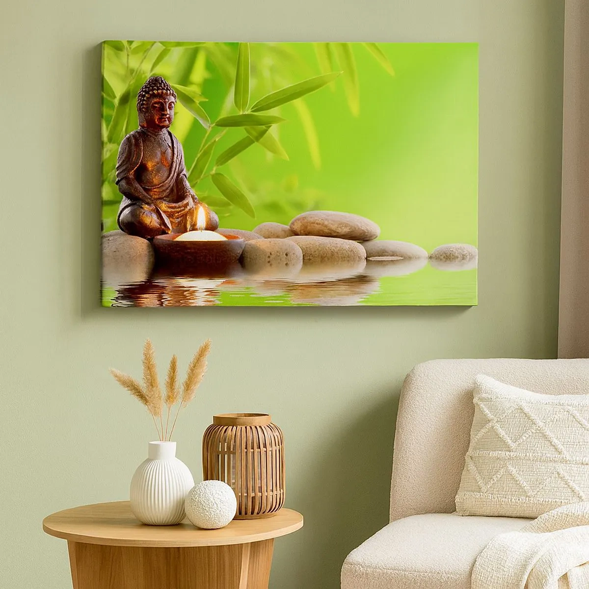 Vászonkép - Buddha alak kövekkel és egy gyertyával bambusz háttér előtt - 70x50cm - Az élet gyönyörű - Modern fali dekoráció nappalihoz és hálószobához ARTTOR
