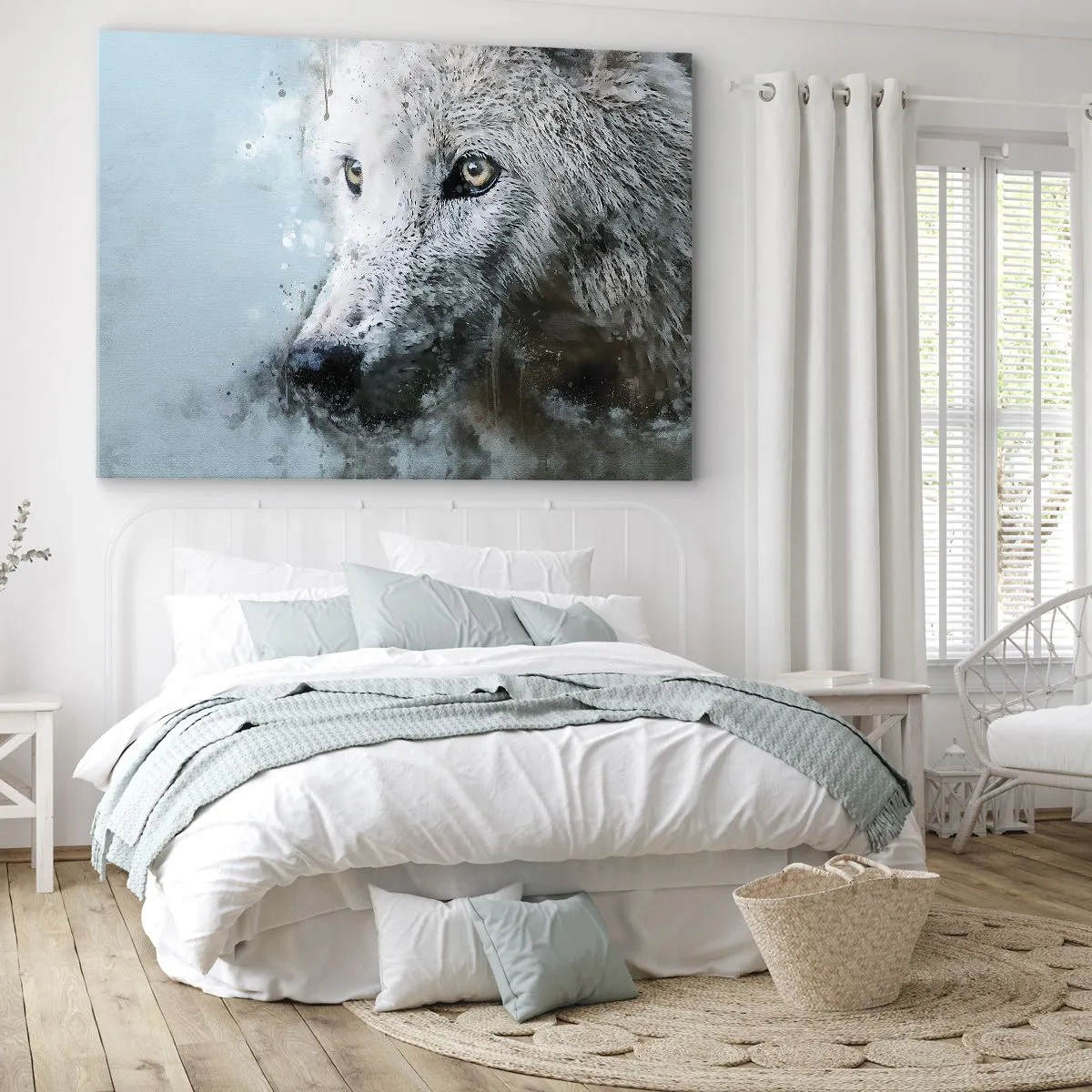 Vászonkép - Akvarell portré egy farkasról - 70x50cm - Ismerd meg a farkas lelkét - Modern fali dekoráció nappalihoz és hálószobához ARTTOR
