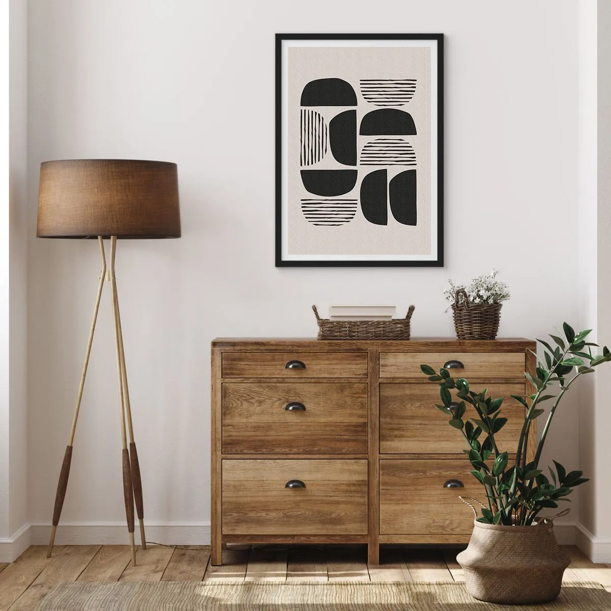 Poszter fehér keretben - Geometrikus absztrakció fekete formákkal és vonalakkal - 50x70cm - Félszívű megállapodások - Modern fali dekoráció nappalihoz és hálószobához ARTTOR