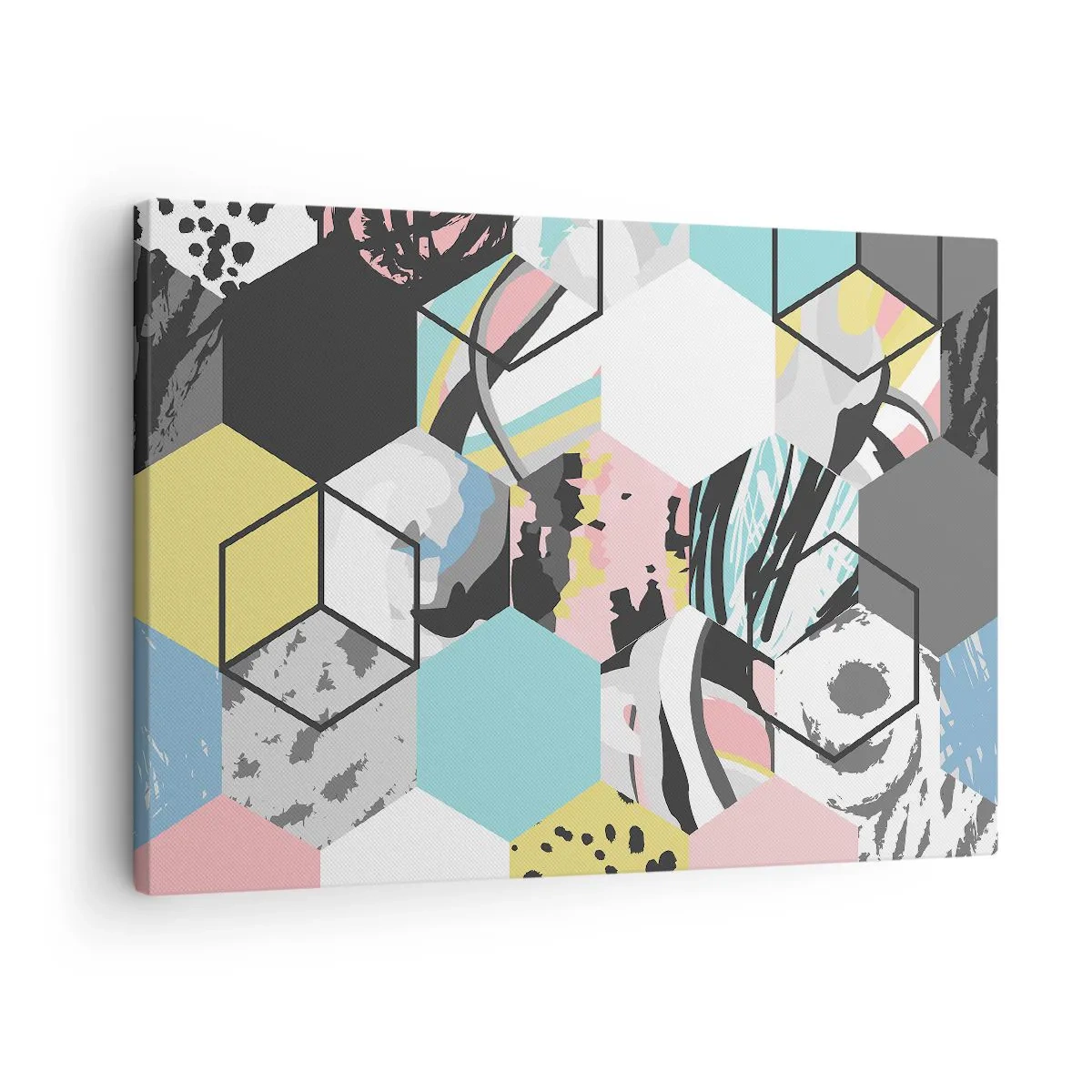 Vászonkép - Geometrikus hatszögminta színes absztrakt részletekkel - 70x50cm - Hatszögek és kockák hat színben - Modern fali dekoráció nappalihoz és hálószobához ARTTOR