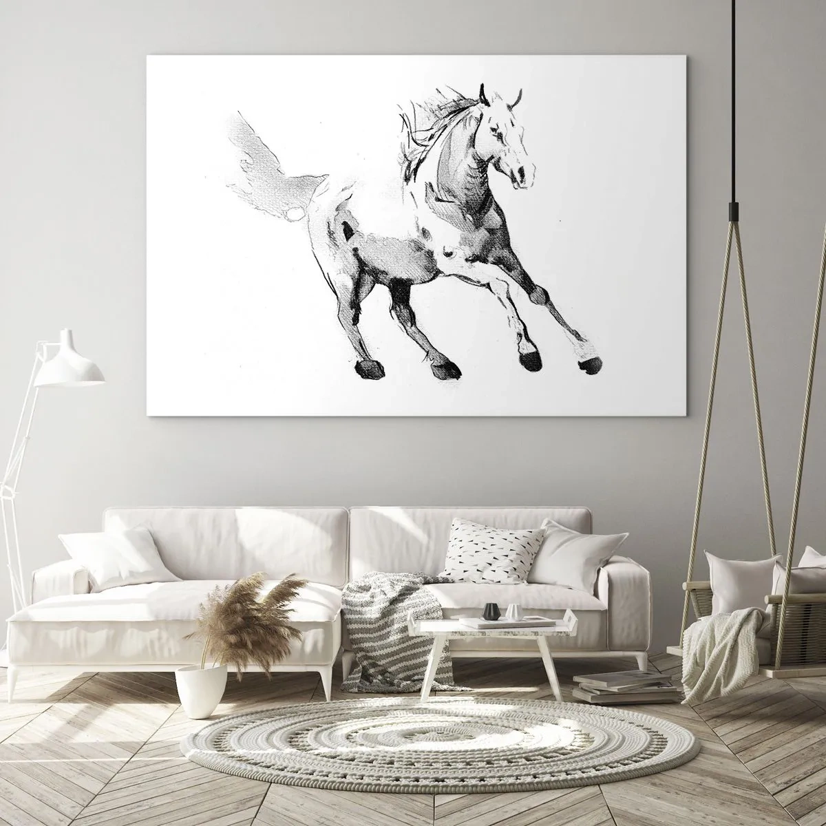 Üveg kép - Fekete-fehér vázlat egy vágtató lóról fehér alapon - 70x50cm - Megszelídíthetetlen lélek - Modern fali dekoráció nappalihoz és hálószobához ARTTOR