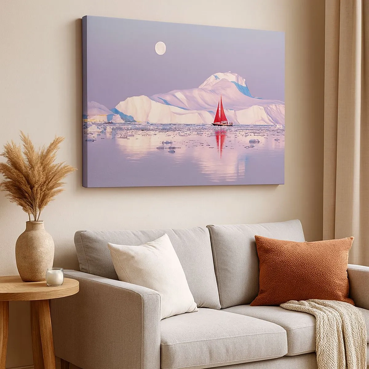 Vászonkép - Egy vörös vitorla jeges hegyek és telihold hátterében. - 70x50cm - A vitorla melege, a jég hidege - Modern fali dekoráció nappalihoz és hálószobához ARTTOR