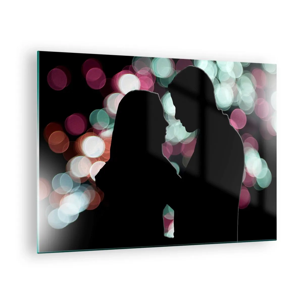 Üveg kép - Egy pár sziluettjei színes bokeh fények hátterében - 70x50cm - Igen! - Modern fali dekoráció nappalihoz és hálószobához ARTTOR