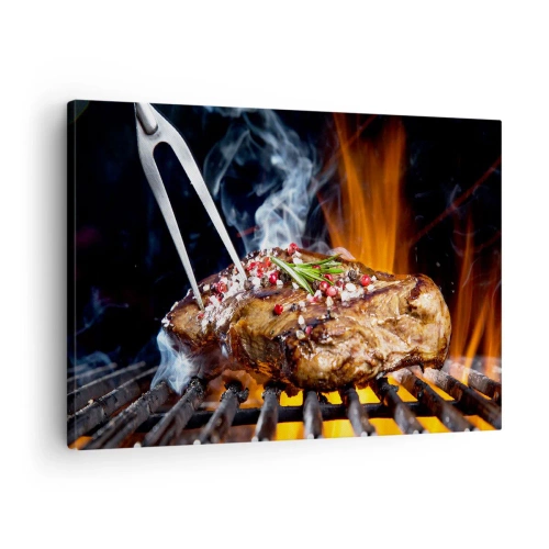 Vászonkép - Grillezett steak fűszerekkel a grillen - 70x50cm - Lédús és illatos - Modern fali dekoráció nappalihoz és hálószobához ARTTOR