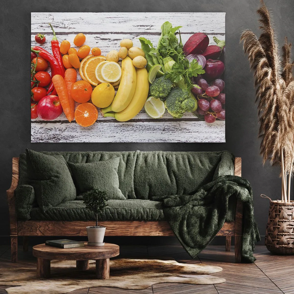 Vászonkép - Színes gyümölcsök és zöldségek fából készült háttéren - 70x50cm - Ez nem elég? - Modern fali dekoráció nappalihoz és hálószobához ARTTOR