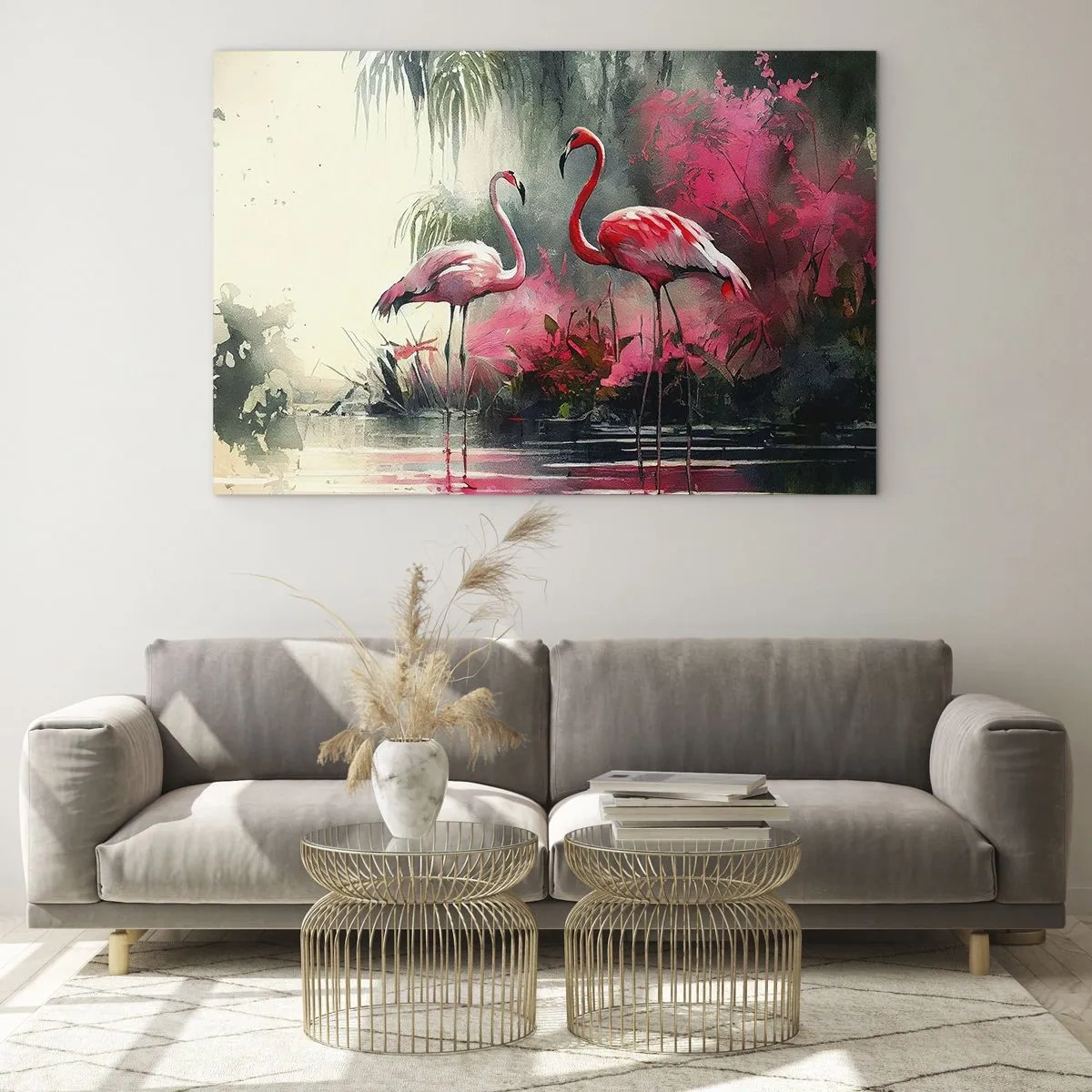 Üveg kép - Két flamingó trópusi környezetben a vízparton - 70x50cm - Egy lecke a természetes bájról - Modern fali dekoráció nappalihoz és hálószobához ARTTOR