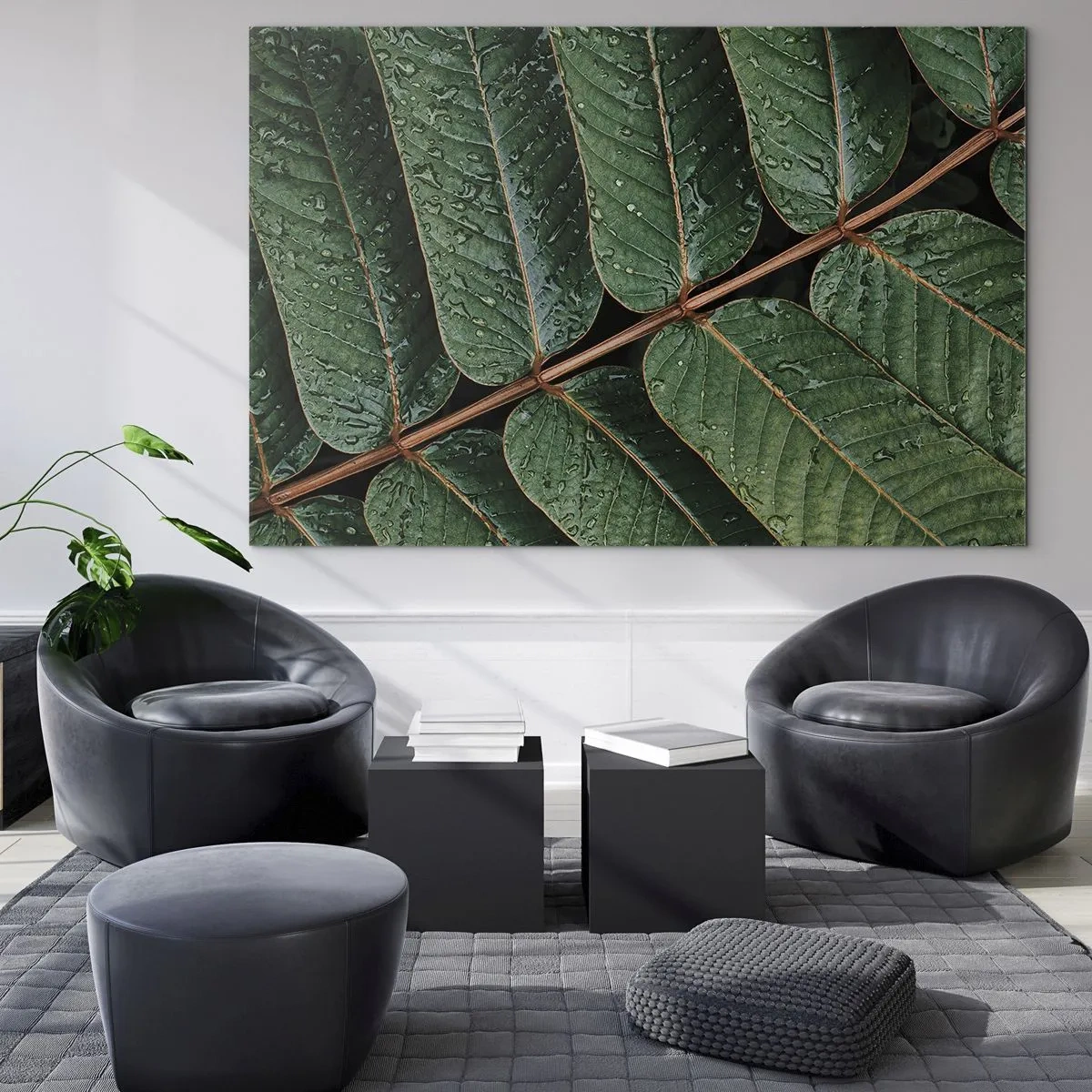 Üveg kép - Zöld levelek közeli képe vízcseppekkel - 70x50cm - Zöld ritmusban - Modern fali dekoráció nappalihoz és hálószobához ARTTOR