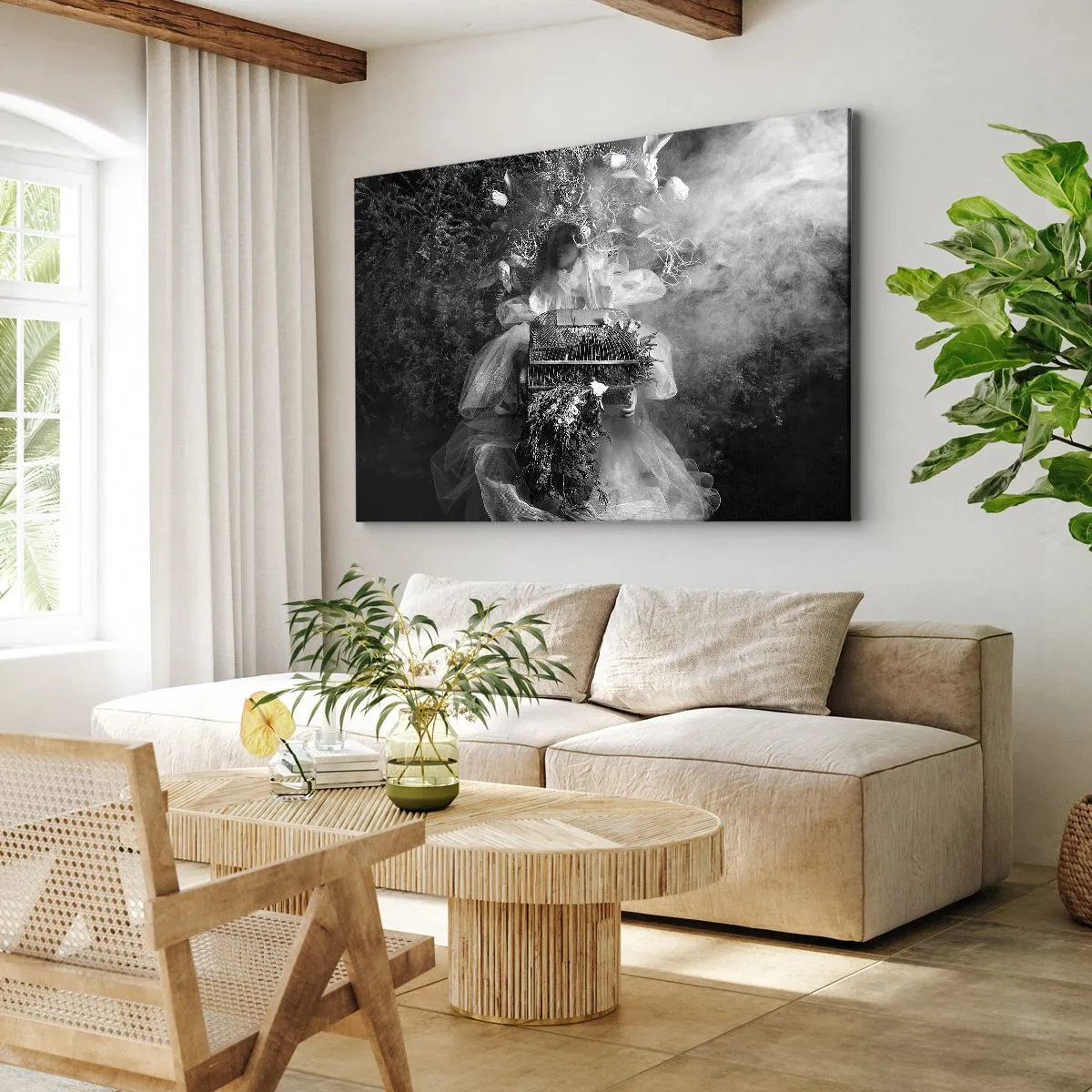Vászonkép - Fekete-fehér kompozíció egy ruhás alakkal és egy ketreccel a ködben. - 70x50cm - Maga az Anya – Természet - Modern fali dekoráció nappalihoz és hálószobához ARTTOR