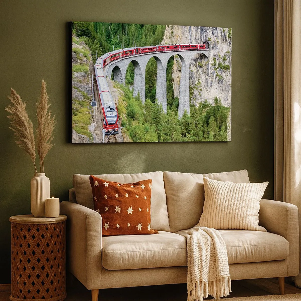 Vászonkép - Vonat egy festői viadukton hegyvidéki tájban - 70x50cm - Vasút hegyi kilátással - Modern fali dekoráció nappalihoz és hálószobához ARTTOR