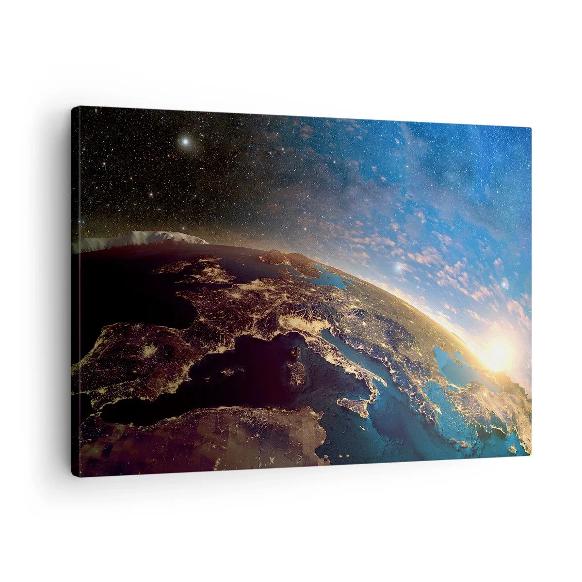 Vászonkép - Föld látképe az űrből napfelkeltekor - 70x50cm - Tekintsünk magunkra távolról - Modern fali dekoráció nappalihoz és hálószobához ARTTOR