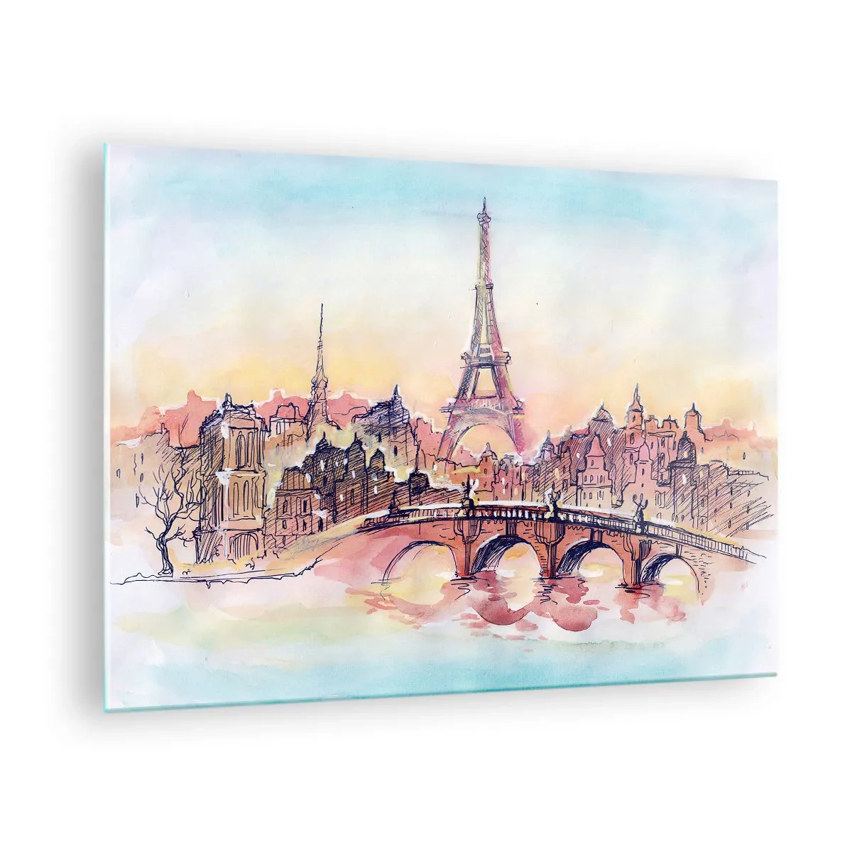 Üveg kép - Párizs panorámája az Eiffel-toronnyal finom akvarell stílusban - 70x50cm - Az egyetlen ilyen város a világon - Modern fali dekoráció nappalihoz és hálószobához ARTTOR
