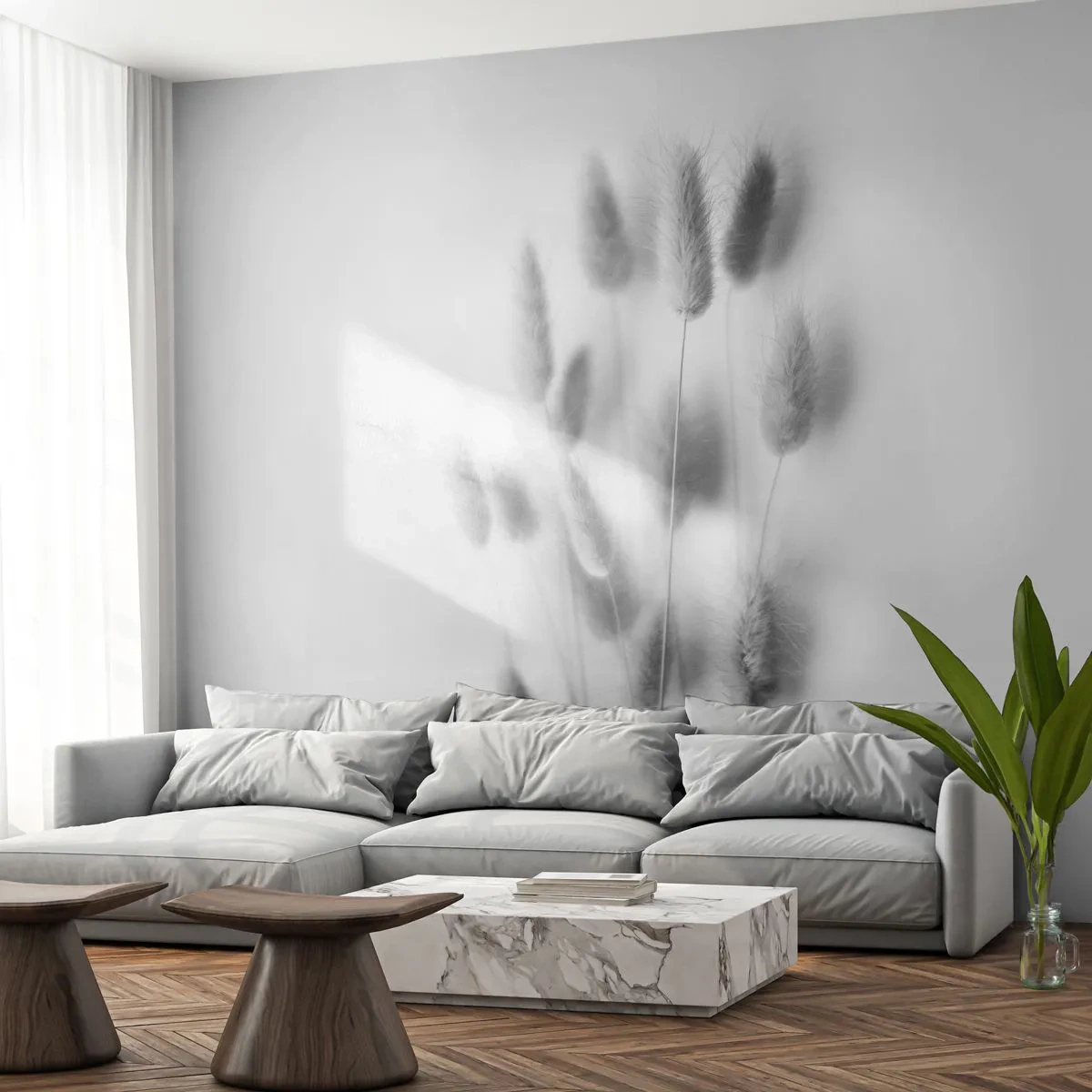 Fotótapéta Premium Sand - A bolyhos fű - Fű, Fekete és fehér, Virágok - 200x140 cm