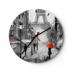 Falióra, Óra - Fekete-fehér utca az Eiffel-toronnyal és piros napernyőkkel - 30x30cm - Minden út hozzá vezet - Modern fali dekoráció nappalihoz, konyhához és hálószobához ARTTOR