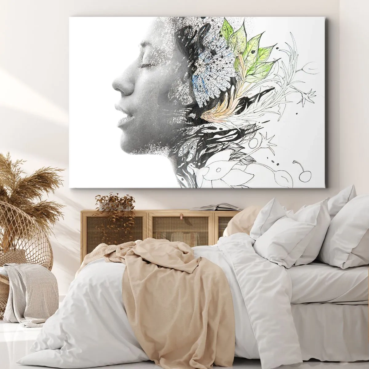 Vászonkép - Egy nő profilja a természet és a feketeség művészi kollázsában - 70x50cm - Elmerülve a természetben - Modern fali dekoráció nappalihoz és hálószobához ARTTOR