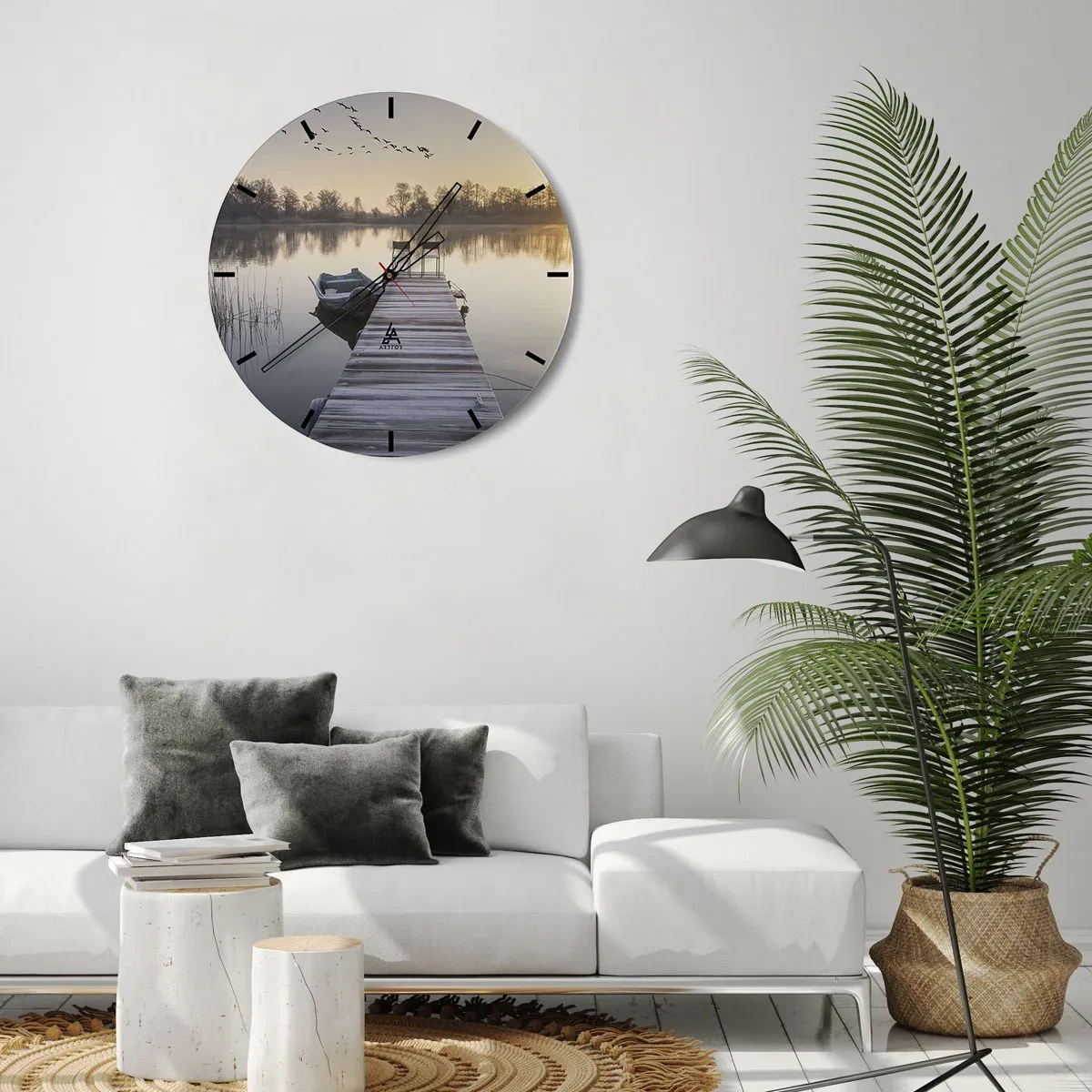 Falióra, Óra - Egy móló csónakkal napfelkeltekor a tavon - 30x30cm - Egy kis idő múlva visszajövök - Modern fali dekoráció nappalihoz, konyhához és hálószobához ARTTOR