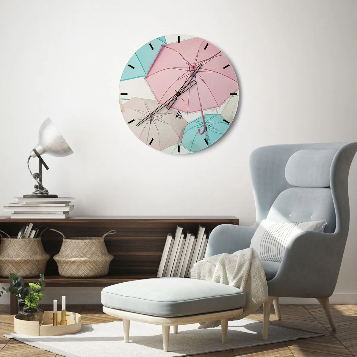 Falióra, Óra - Pasztell színű esernyők - 30x30cm - Néha napsütés, néha eső - Modern fali dekoráció nappalihoz, konyhához és hálószobához ARTTOR