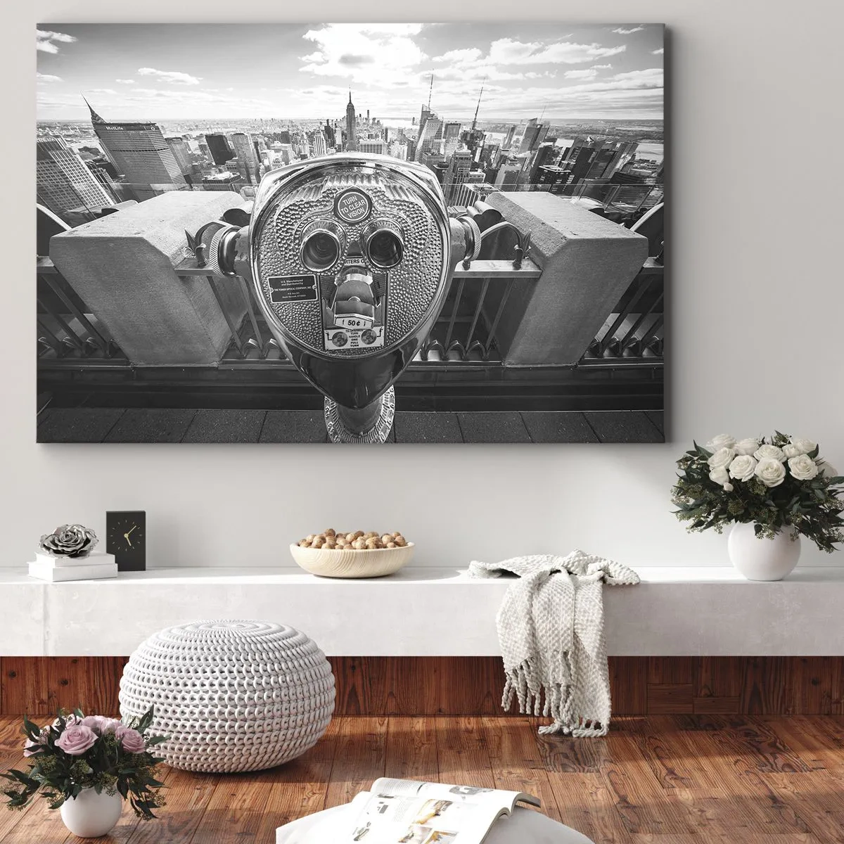 Vászonkép - Fekete-fehér kilátás a város panorámájára a távcsövön keresztül - 70x50cm - A városok városa - Modern fali dekoráció nappalihoz és hálószobához ARTTOR