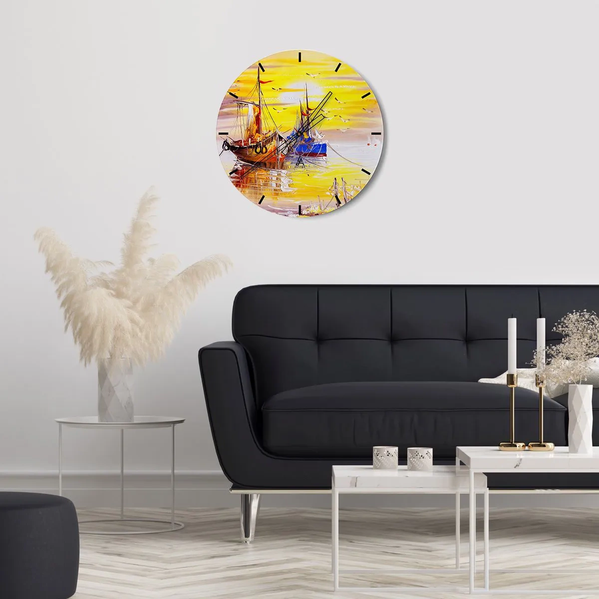 Falióra, Óra - Festői vitorlások naplementekor - 30x30cm - Megérdemelt pihenés a kikötőben - Modern fali dekoráció nappalihoz, konyhához és hálószobához ARTTOR