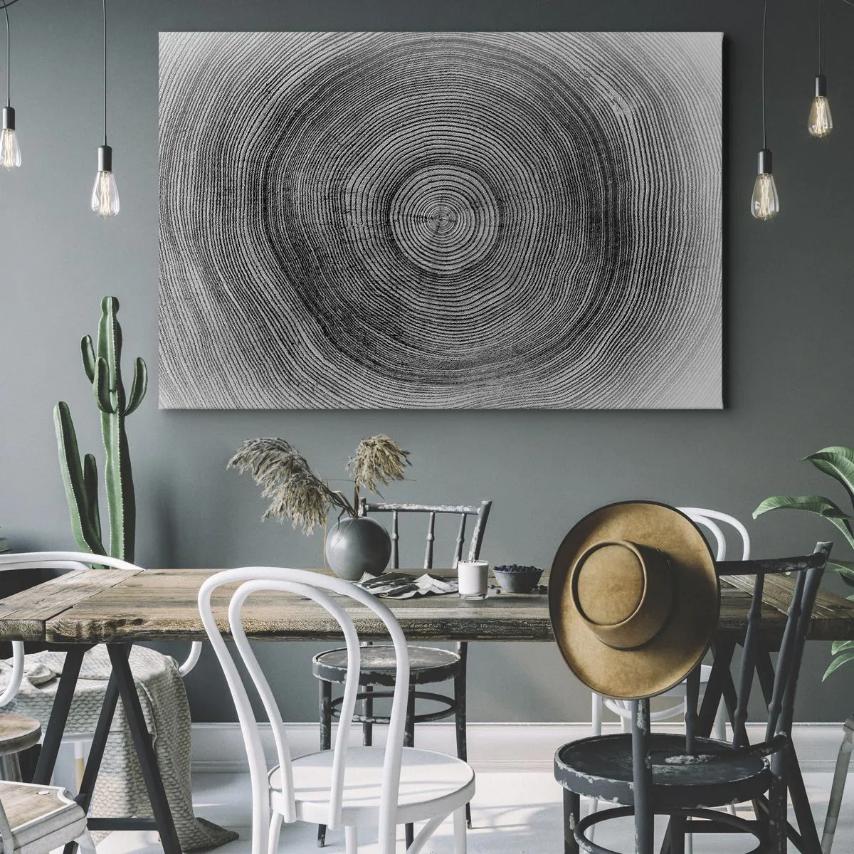 Vászonkép - Fekete-fehér fagyűrűmintázat, amely a törzs keresztmetszetét mutatja - 70x50cm - Az idők jele - Modern fali dekoráció nappalihoz és hálószobához ARTTOR