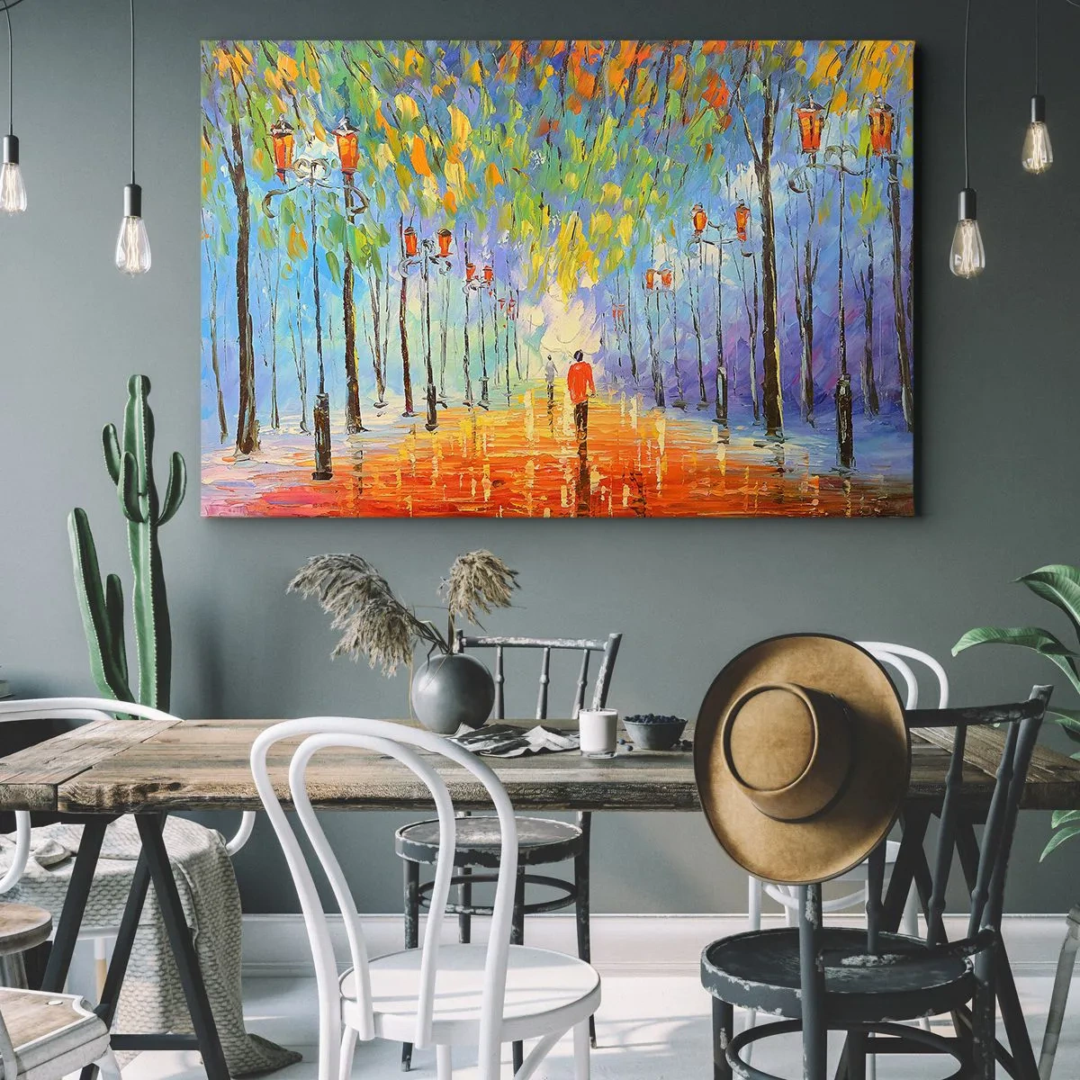 Vászonkép - Festői séta a lámpások között egy esős estén - 70x50cm - Eső éjszakai dala - Modern fali dekoráció nappalihoz és hálószobához ARTTOR