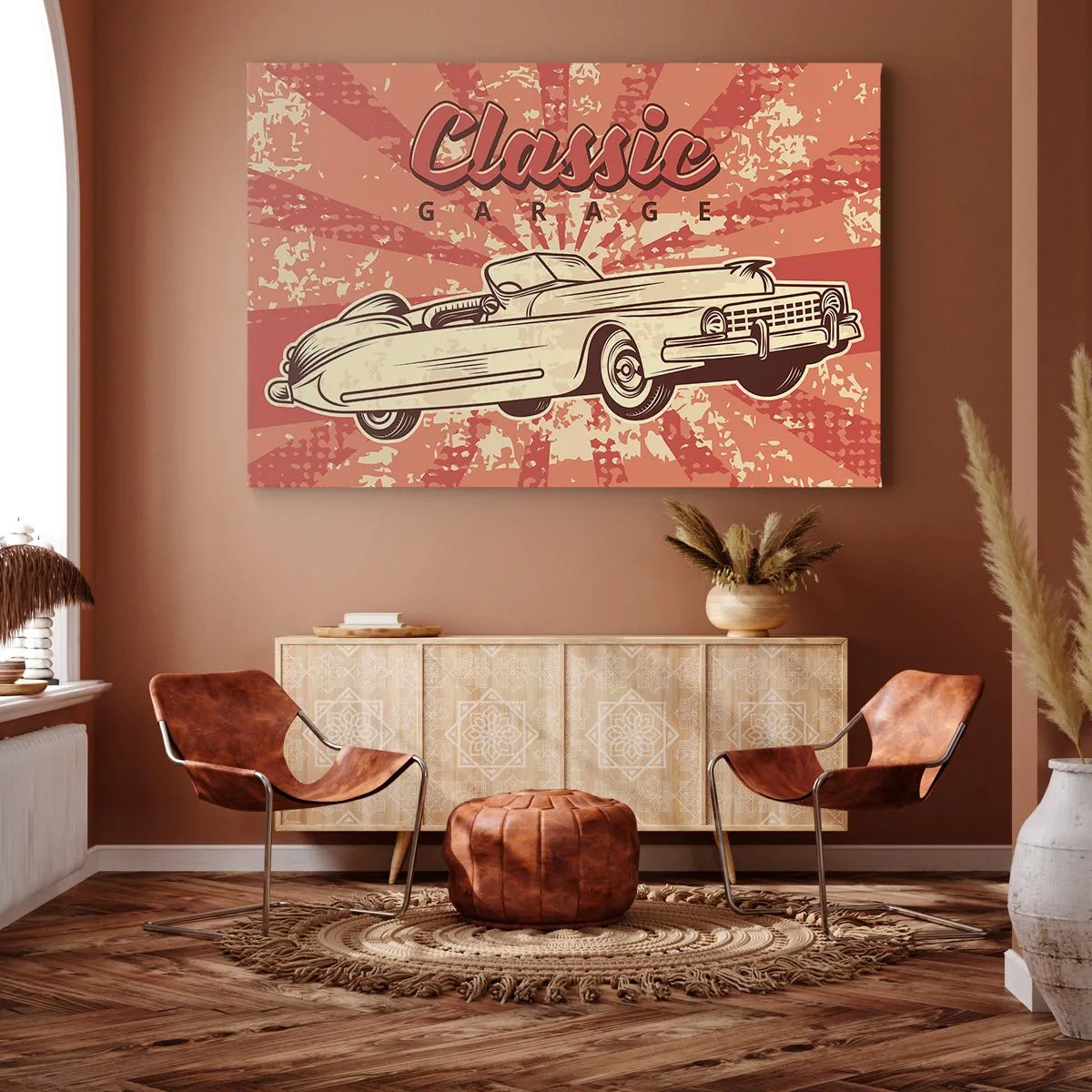 Vászonkép - Retro plakát egy klasszikus autóval és a „Classic Garage” felirattal - 70x50cm - És a rádióban, Elvis - Modern fali dekoráció nappalihoz és hálószobához ARTTOR