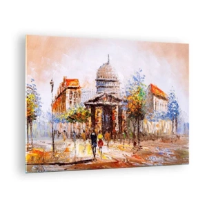 Üveg kép - Egy festői városi utca, háttérben egy történelmi épülettel - 70x50cm - Párizsi séta - Modern fali dekoráció nappalihoz és hálószobához ARTTOR