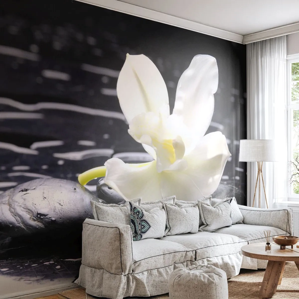 Fotótapéta Premium Sand - Egy tanulmány fekete-fehérben - Virágok, Kövek, Orchidea - 100x70 cm