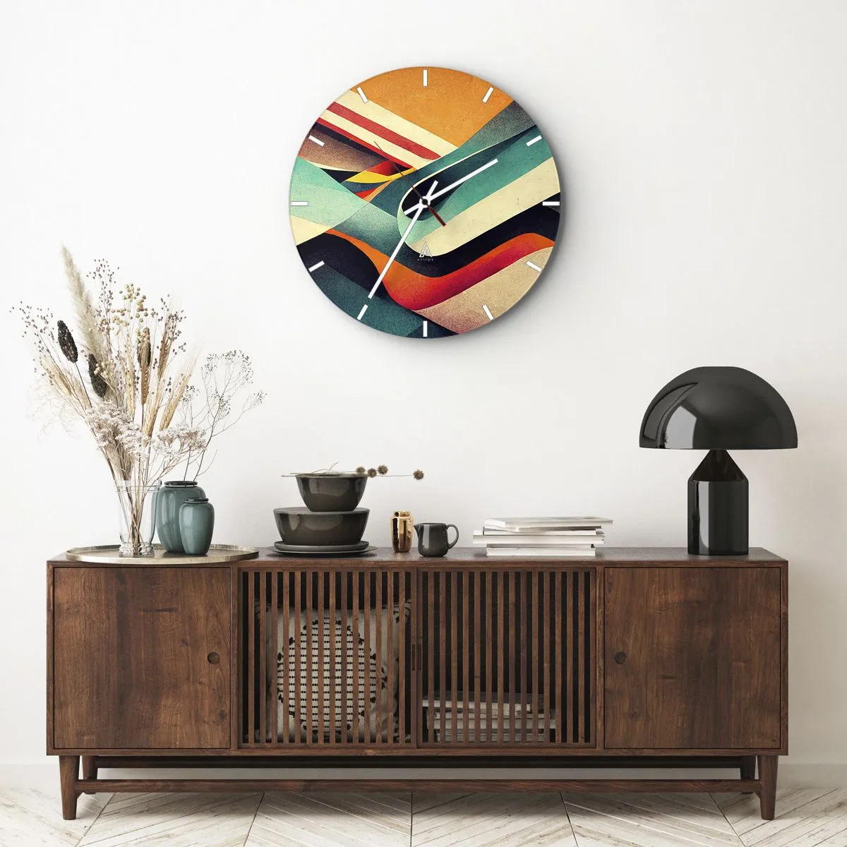 Falióra, Óra - Színes hullámok és csíkok absztrakt geometriai formában - 30x30cm - Intenzív kompozíció - Modern fali dekoráció nappalihoz, konyhához és hálószobához ARTTOR
