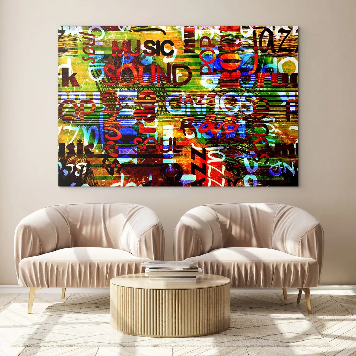 Üveg kép - Színes feliratok művészi mozaik háttéren - 70x50cm - A hang mindegyik színe - Modern fali dekoráció nappalihoz és hálószobához ARTTOR