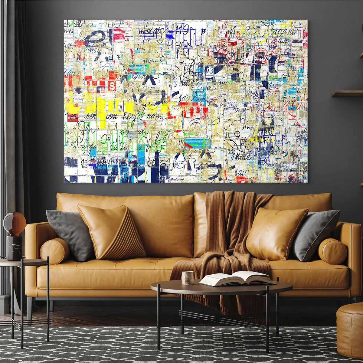 Üveg kép - Egy absztrakt kompozíció színek és feliratok keverékével. - 70x50cm - Egyszerűen tetszik a szemnek - Modern fali dekoráció nappalihoz és hálószobához ARTTOR